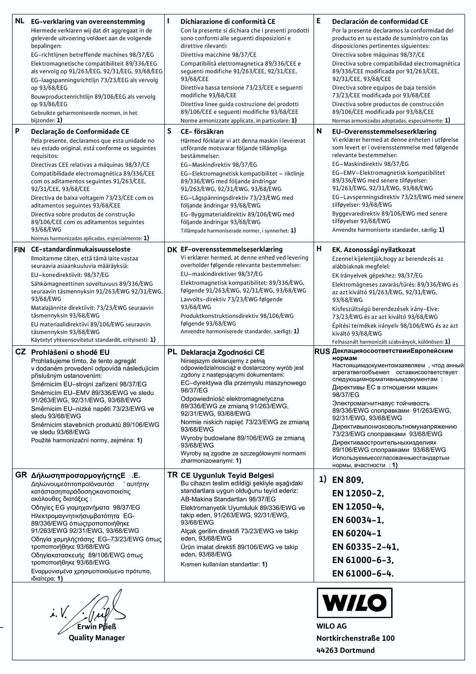 vervolg op 93/86/EEG Gebruikte geharmoniseerde normen, in het bijzonder: 1) P Declaração de Conformidade CE Pela presente, declaramos que esta unidade no seu estado original, está conforme os