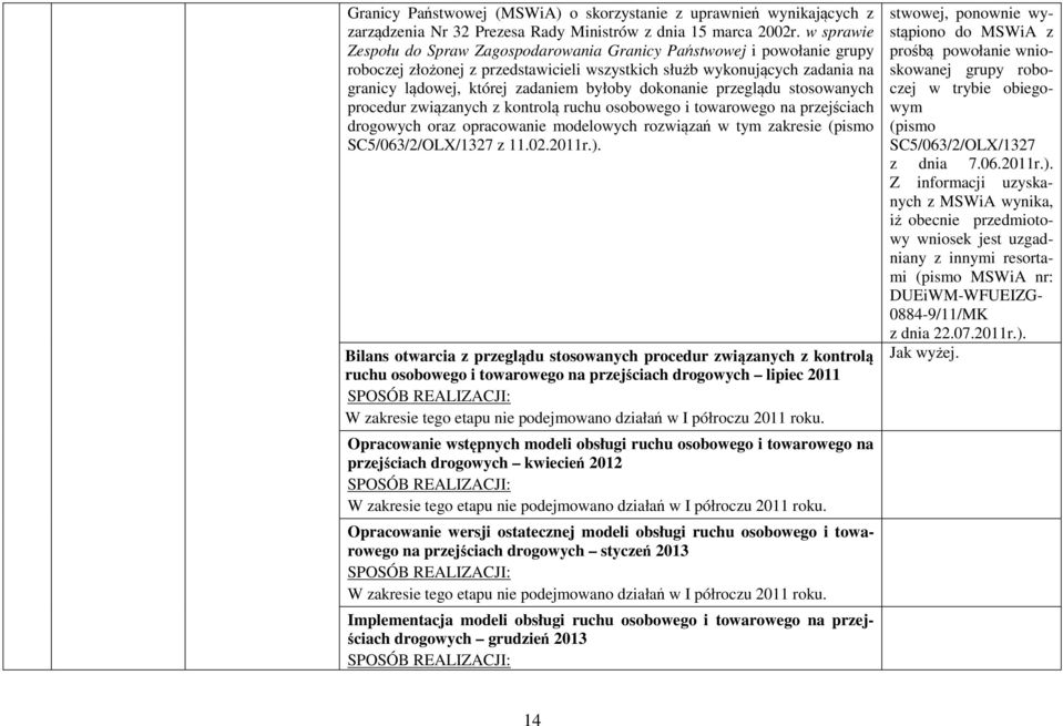 dokonanie przeglądu stosowanych procedur związanych z kontrolą ruchu osobowego i towarowego na przejściach drogowych oraz opracowanie modelowych rozwiązań w tym zakresie (pismo SC5/063/2/OLX/1327 z