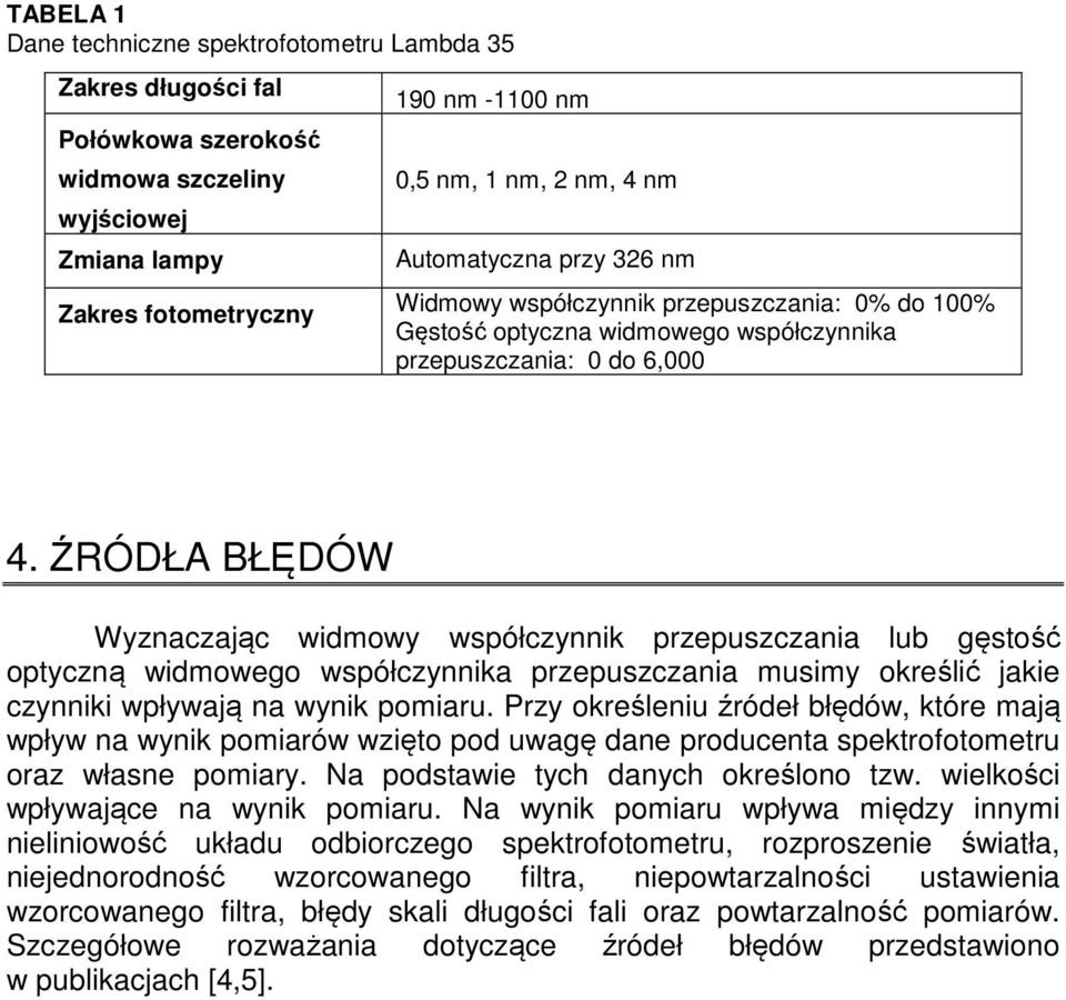 ŹRÓDŁA BŁĘDÓW Wyznaczając widmowy współczynnik przepuszczania lub gęstość optyczną widmowego współczynnika przepuszczania musimy określić jakie czynniki wpływają na wynik pomiaru.