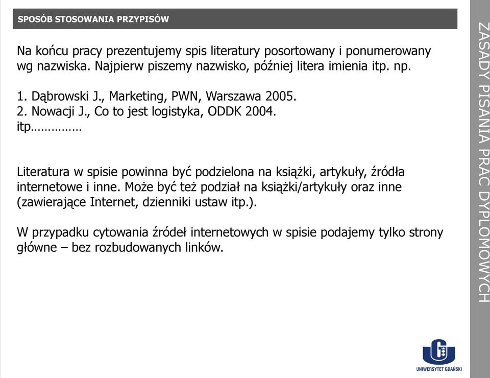 , Co to jest logistyka, ODDK 2004. itp Literatura w spisie powinna być podzielona na książki, artykuły, źródła internetowe i inne.