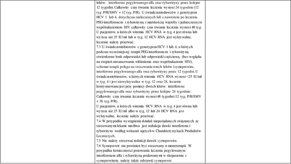 trwania leczenia wynosi 48 tyg. U pacjentów, u których wiremia HCV RNA w tyg. 4 jest równa lub wyższa niż 25 IU/ml lub w tyg, 12 HCV RNA jest wykrywalne, leczenie należy przerwać. 7.