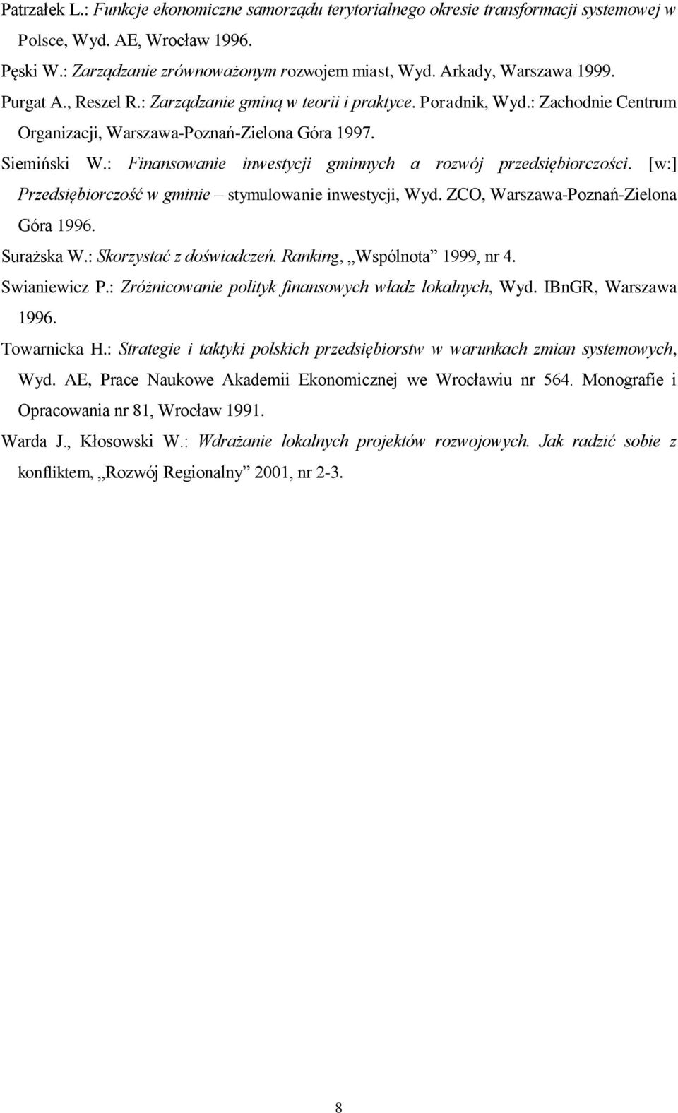 : Finansowanie inwestycji gminnych a rozwój przedsiębiorczości. [w:] Przedsiębiorczość w gminie stymulowanie inwestycji, Wyd. ZCO, Warszawa-Poznań-Zielona Góra 1996. Surażska W.