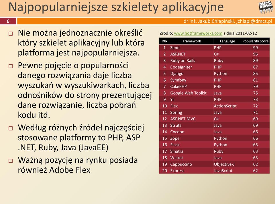 Według różnych źródeł najczęściej stosowane platformy to PHP, ASP.NET, Ruby, Java (JavaEE) Ważną pozycję na rynku posiada również Adobe Flex Źródło: www.hotframeworks.