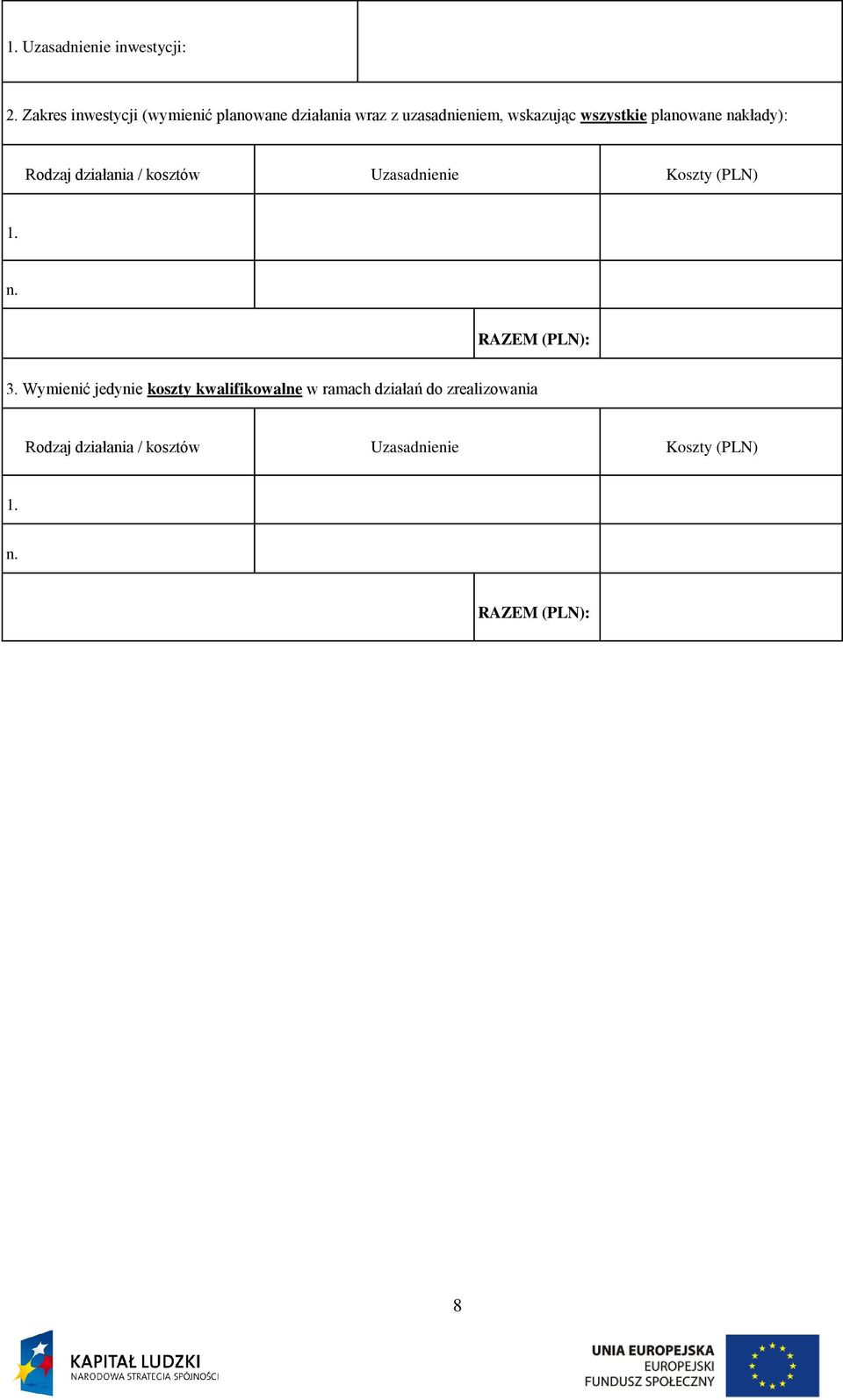 planowane nakłady): Rodzaj działania / kosztów Uzasadnienie Koszty (PLN) 1. n. RAZEM (PLN): 3.