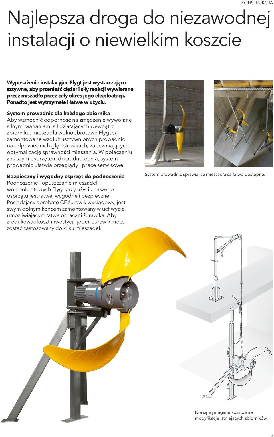 System prowadnic dla każdego zbiornika Aby wzmocnić odporność na zmęczenie wywołane silnymi wahaniami sił działających wewnątrz zbiornika, mieszadła wolnoobrotowe Flygt są zamontowane wzdłuż