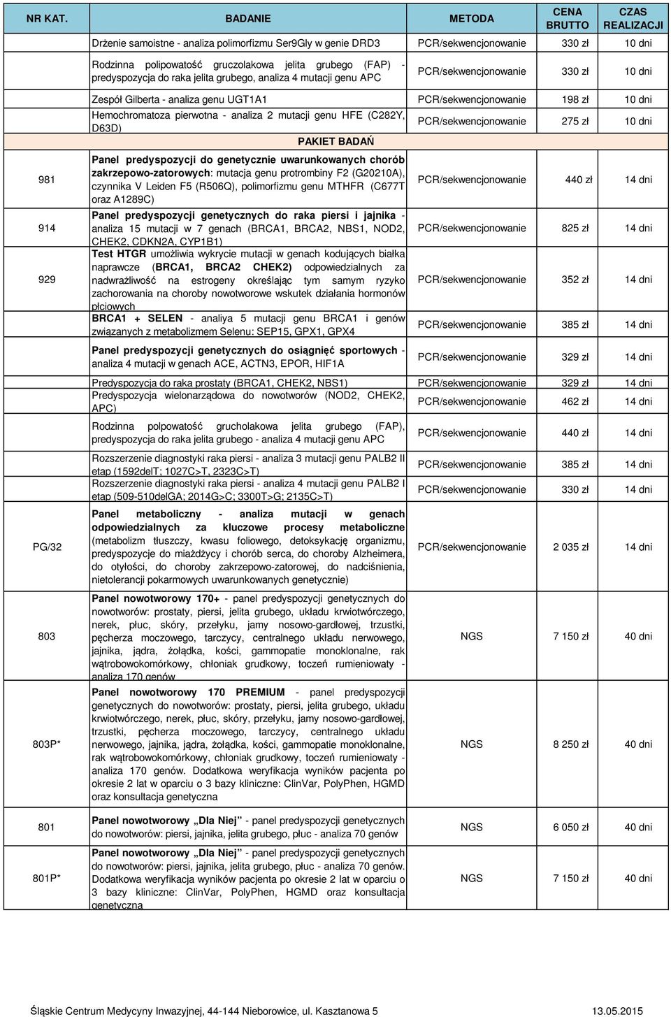 mutacji genu HFE (C282Y, D63D) Panel predyspozycji do genetycznie uwarunkowanych chorób zakrzepowo-zatorowych: mutacja genu protrombiny F2 (G20210A), czynnika V Leiden F5 (R506Q), polimorfizmu genu