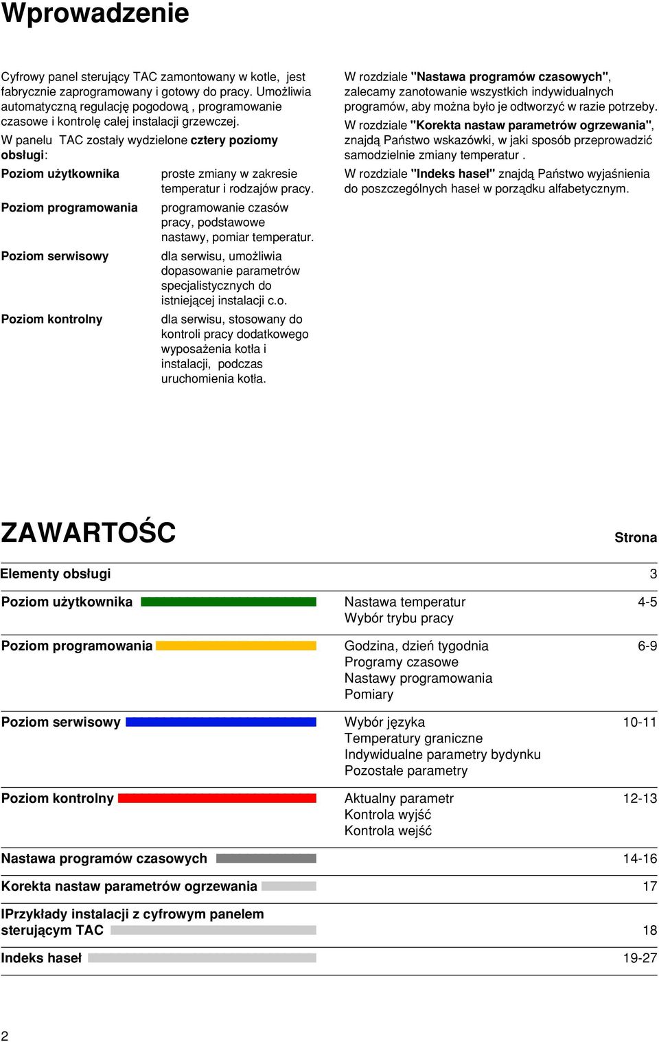 W panelu TAC zosta y wydzielone cztery poziomy obs ugi: Poziom u ytkownika proste zmiany w zakresie temperatur i rodzajów pracy.