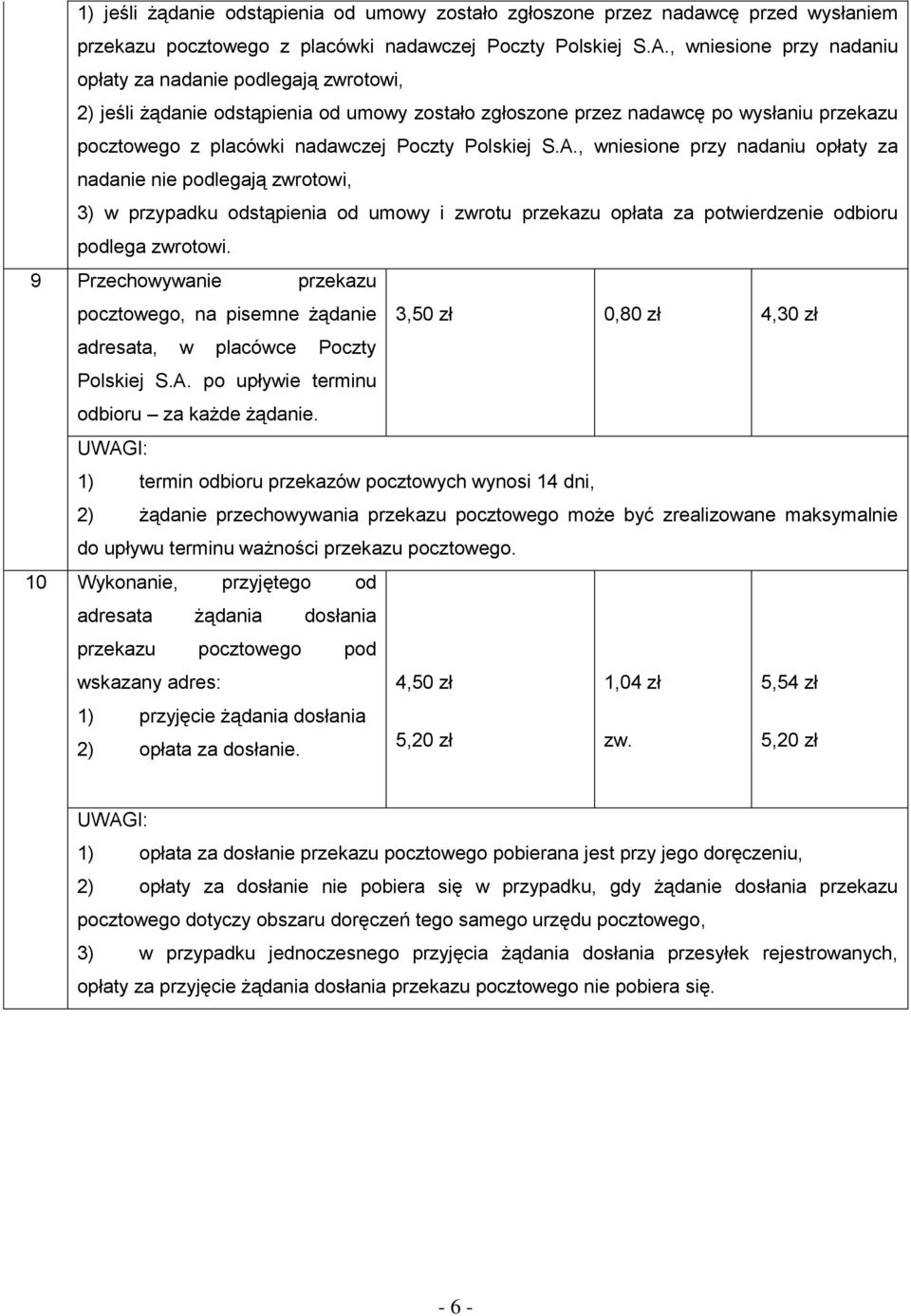 Polskiej S.A., wniesione przy nadaniu opłaty za nadanie nie podlegają zwrotowi, 3) w przypadku odstąpienia od umowy i zwrotu przekazu opłata za potwierdzenie odbioru podlega zwrotowi.