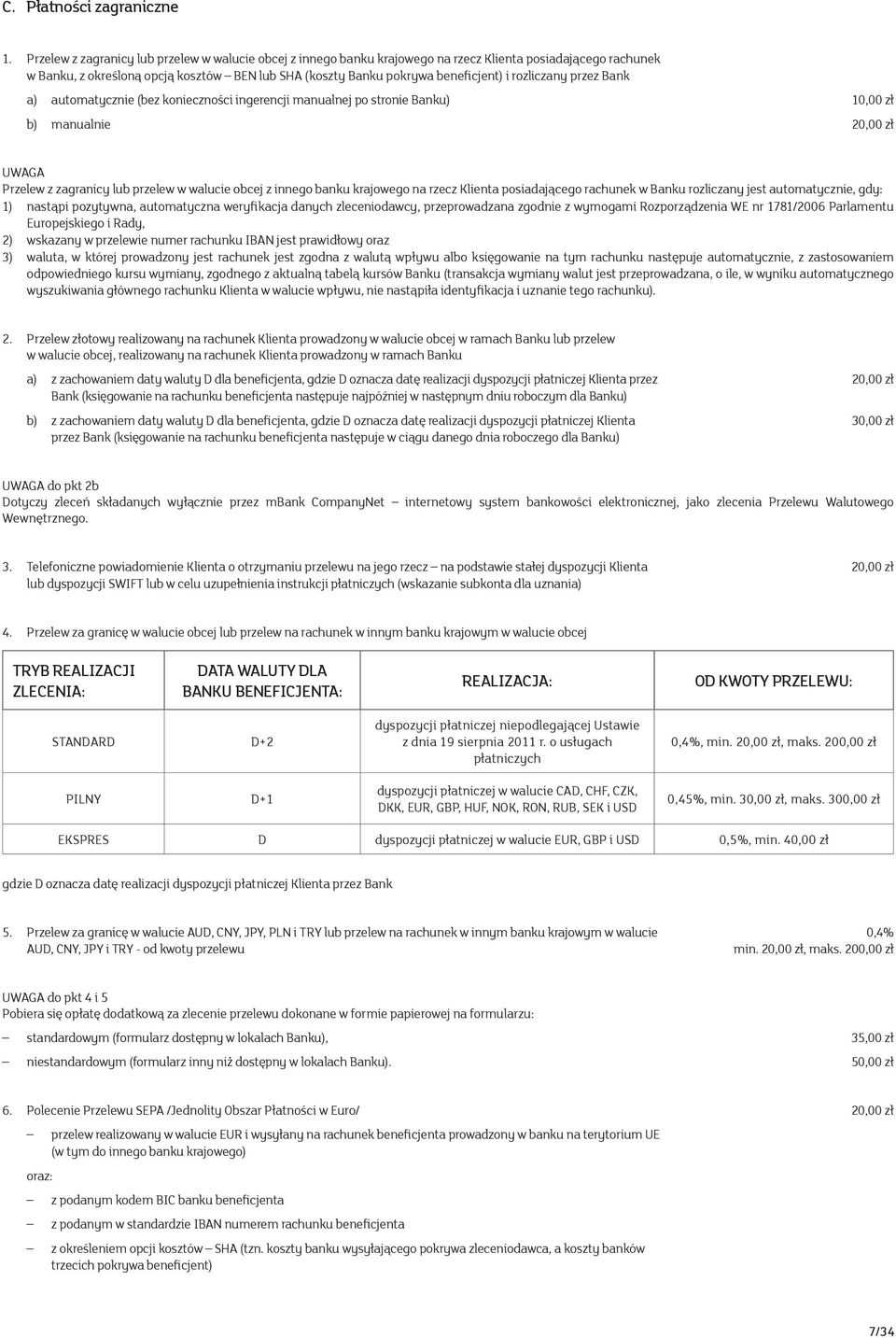 rozliczany przez Bank a) automatycznie (bez konieczności ingerencji manualnej po stronie Banku) 10,00 zł b) manualnie 20,00 zł Przelew z zagranicy lub przelew w walucie obcej z innego banku krajowego