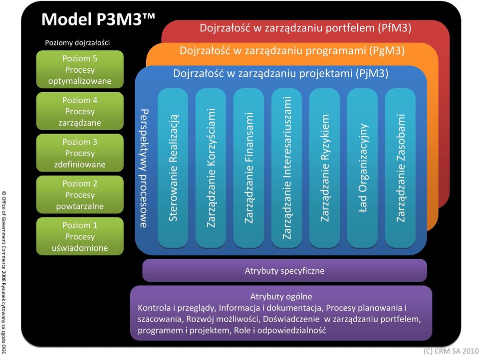 Sterowanie Realizacją Zarządzanie Korzyściami Zarządzanie Finansami Zarządzanie Interesariuszami Zarządzanie Ryzykiem Atrybuty specyficzne Ład Organizacyjny Zarządzanie Zasobami Atrybuty ogólne