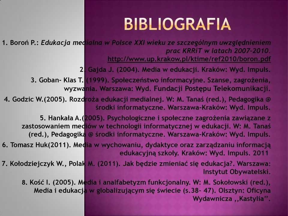 Rozdroża edukacji medialnej. W: M. Tanaś (red.), Pedagogika @ środki informatyczne. Warszawa-Kraków: Wyd. Impuls. 5. Hankała A.(2005).