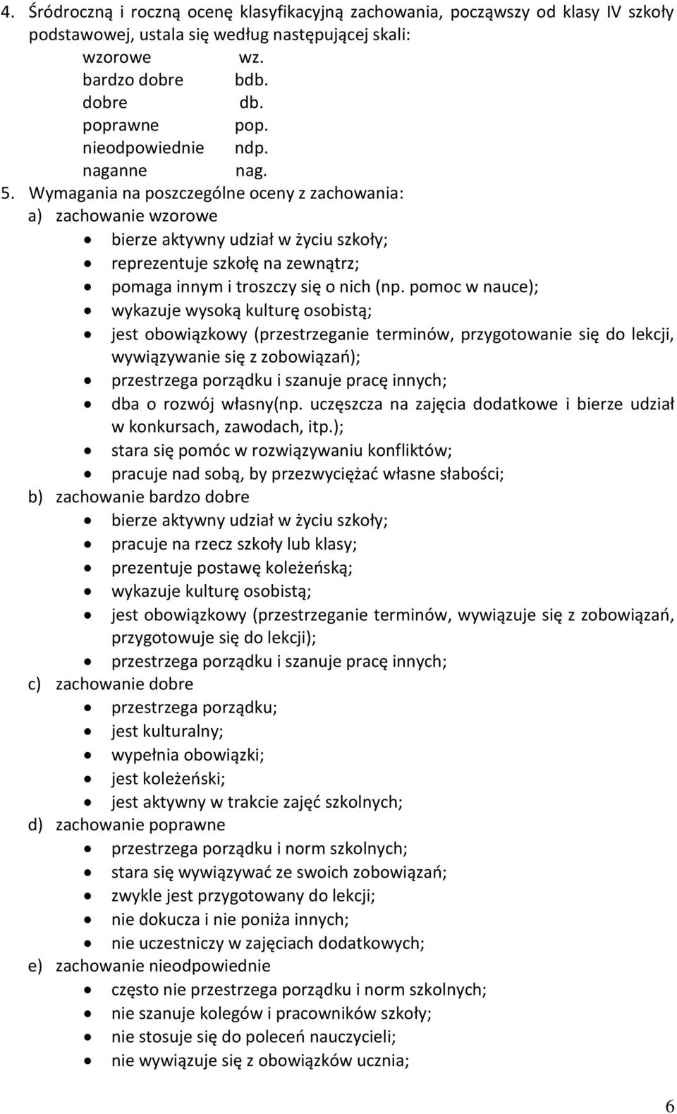 Wymagania na poszczególne oceny z zachowania: a) zachowanie wzorowe bierze aktywny udział w życiu szkoły; reprezentuje szkołę na zewnątrz; pomaga innym i troszczy się o nich (np.