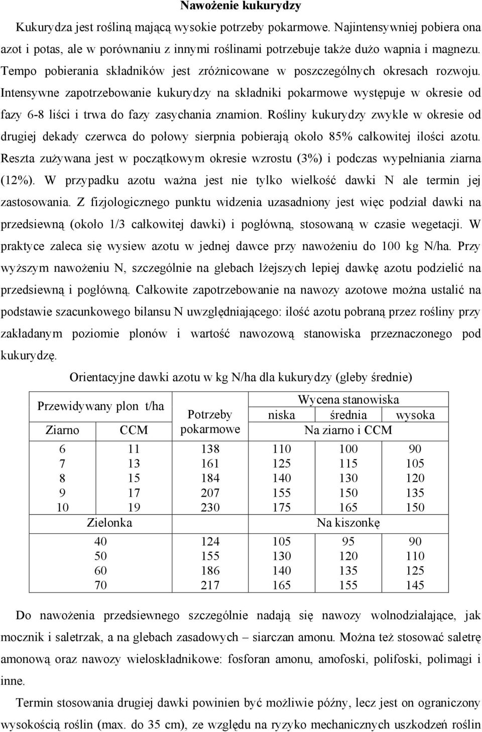 Intensywne zapotrzebowanie kukurydzy na składniki pokarmowe występuje w okresie od fazy 6-8 liści i trwa do fazy zasychania znamion.