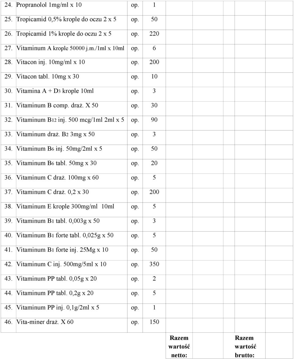 Vitaminum draż. B2 3mg x 50 op. 3 34. Vitaminum B6 inj. 50mg/2ml x 5 op. 50 35. Vitaminum B6 tabl. 50mg x 30 op. 20 36. Vitaminum C draż. 100mg x 60 op. 5 37. Vitaminum C draż. 0,2 x 30 op. 200 38.