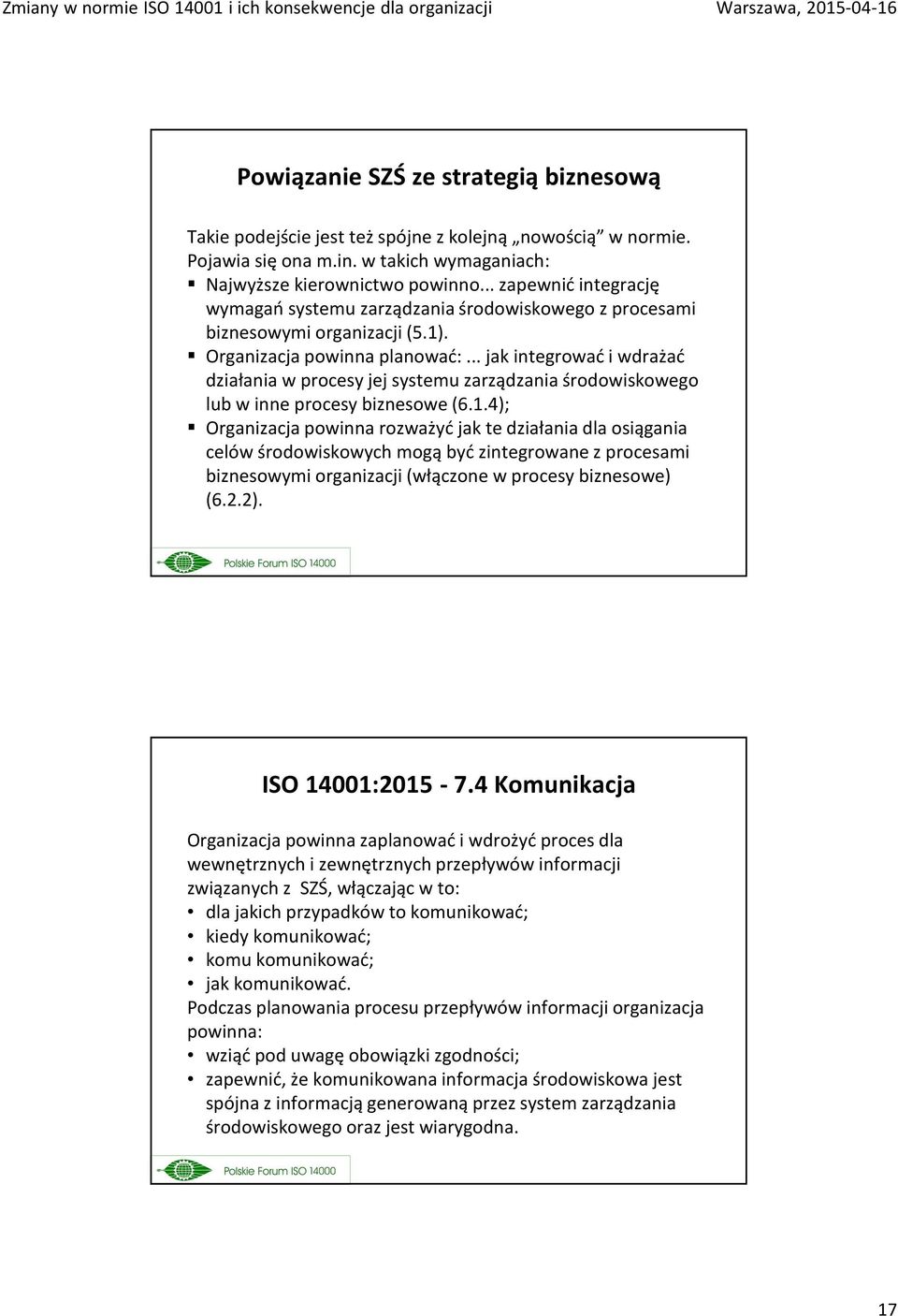 .. jakintegrować i wdrażać działania w procesy jej systemu zarządzania środowiskowego lub w inne procesy biznesowe (6.1.