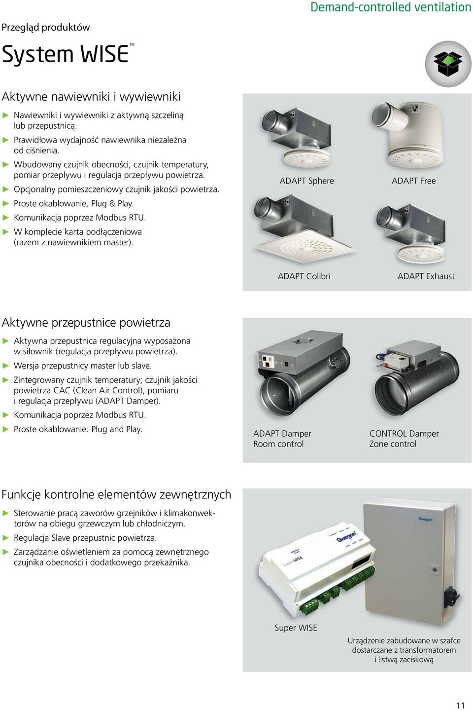 Opcjonalny pomieszczeniowy czujnik jakości powietrza. Proste okablowanie, Plug & Play. Komunikacja poprzez Modbus RTU. W komplecie karta podłączeniowa (razem z nawiewnikiem master).