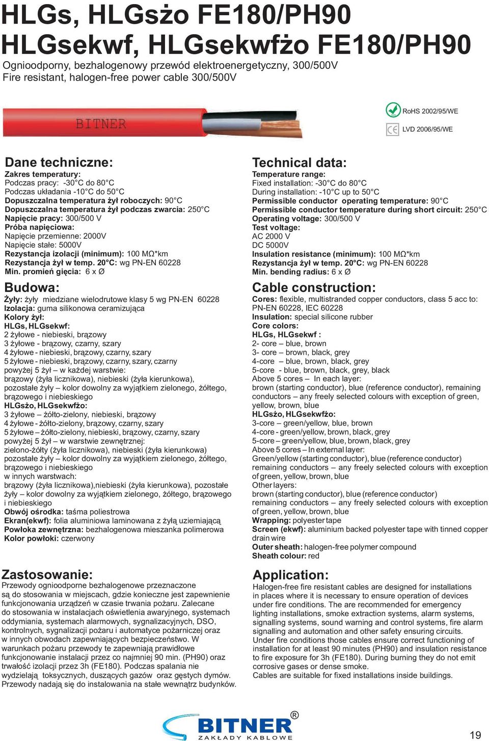 50 C Napięcie pracy: 300/500 V Próba napięciowa: Napięcie przemienne: 000V Napięcie stałe: 5000V Rezystancja izolacji (minimum): 100 MΩ*km Rezystancja żył w temp. 0 C: wg PN-EN 608 Min.