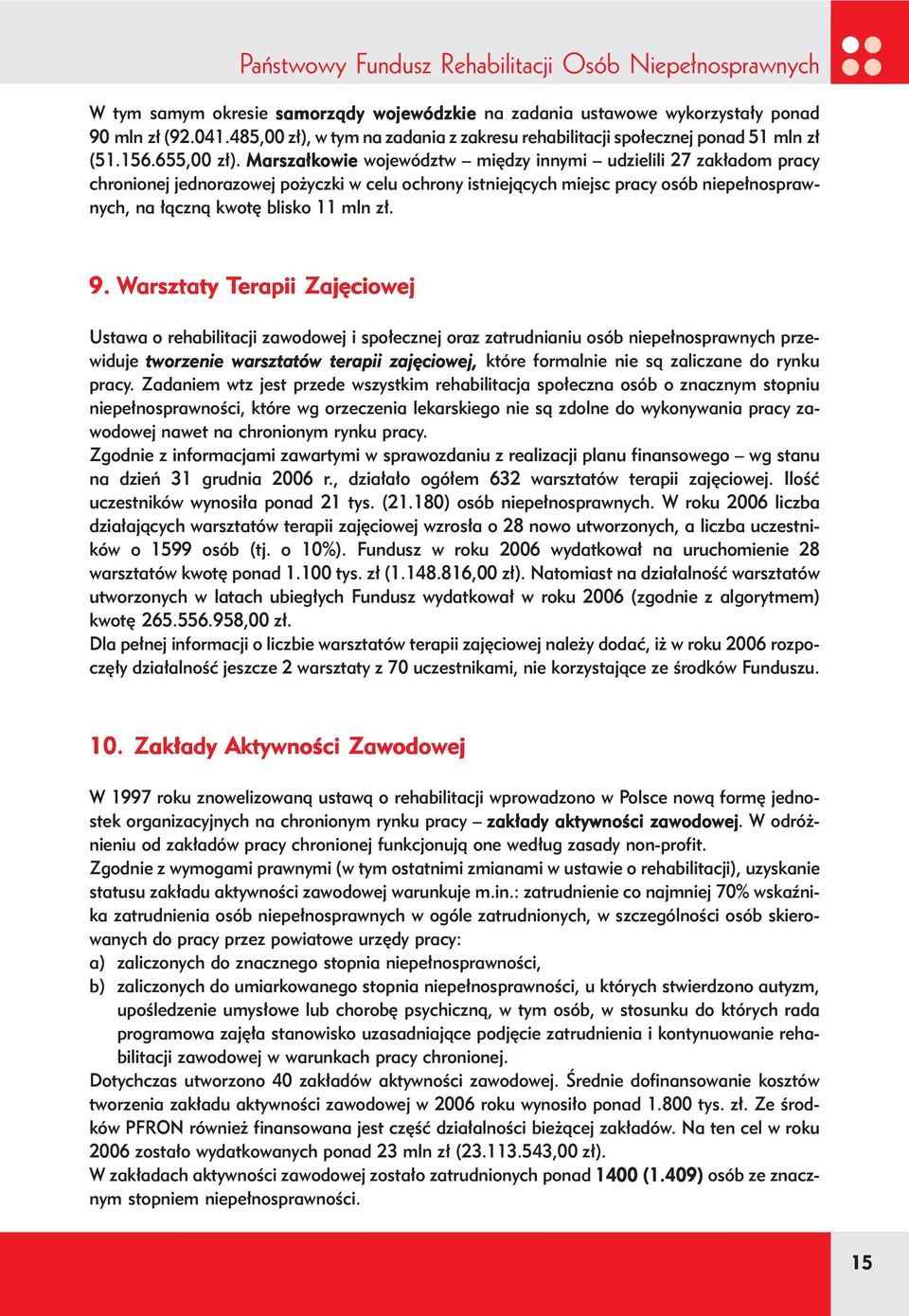 Marszałkowie województw między innymi udzielili 27 zakładom pracy chronionej jednorazowej pożyczki w celu ochrony istniejących miejsc pracy osób niepełnosprawnych, na łączną kwotę blisko 11 mln zł. 9.