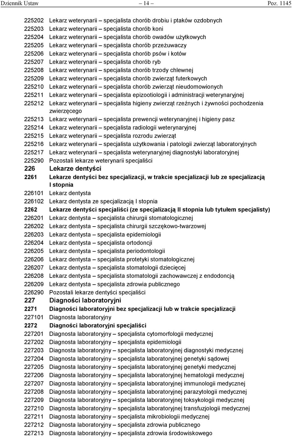 Lekarz weterynarii specjalista chorób przeżuwaczy 225206 Lekarz weterynarii specjalista chorób psów i kotów 225207 Lekarz weterynarii specjalista chorób ryb 225208 Lekarz weterynarii specjalista