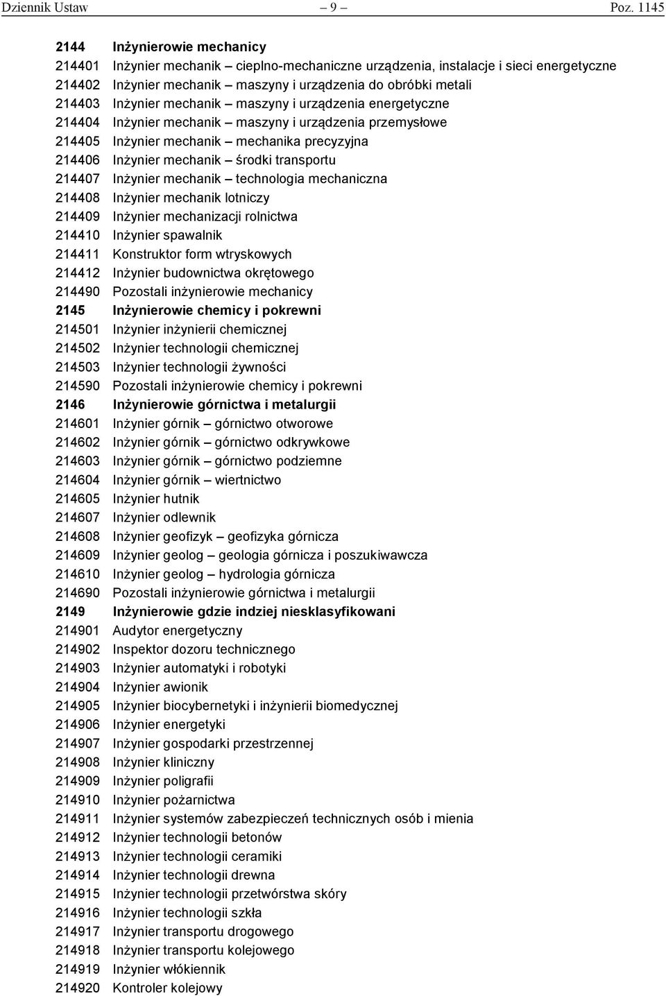 Inżynier mechanik maszyny i urządzenia energetyczne 214404 Inżynier mechanik maszyny i urządzenia przemysłowe 214405 Inżynier mechanik mechanika precyzyjna 214406 Inżynier mechanik środki transportu