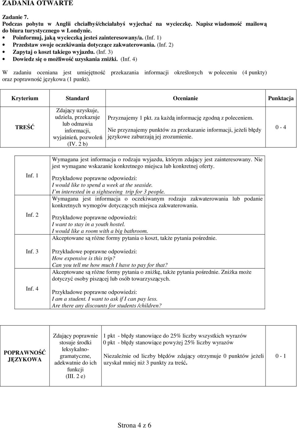 (Inf. 4) W zadaniu oceniana jest umiejętność przekazania informacji określonych w poleceniu (4 punkty) oraz poprawność językowa (1 punkt).