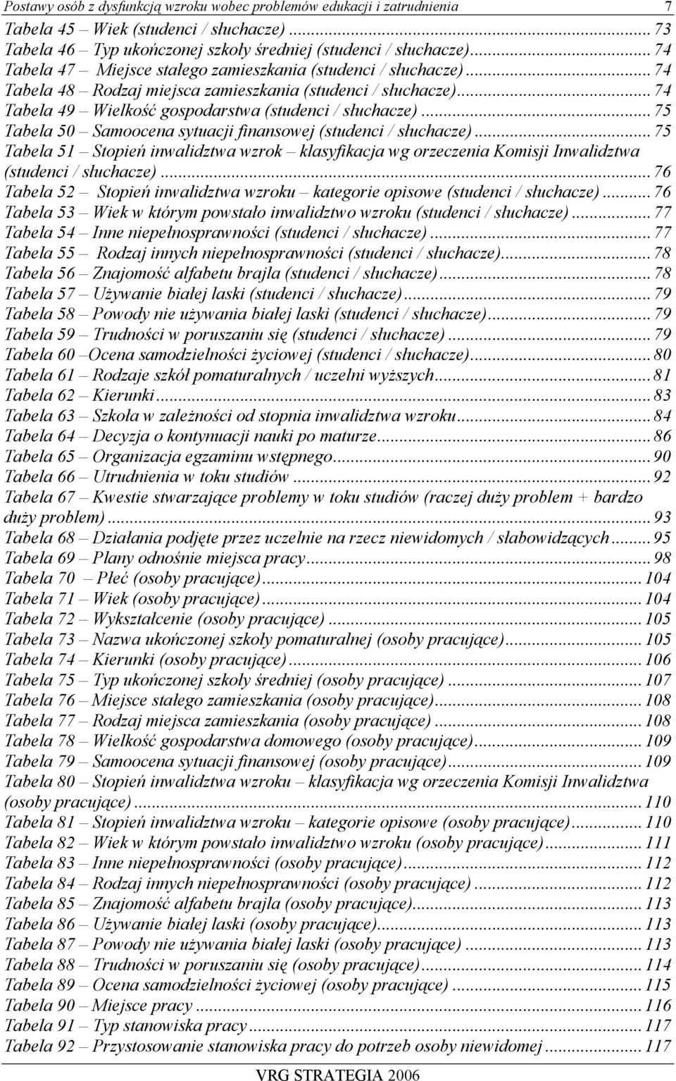 ..75 Tabela 50 Samoocena sytuacji finansowej (studenci / słuchacze)...75 Tabela 51 Stopień inwalidztwa wzrok klasyfikacja wg orzeczenia Komisji Inwalidztwa (studenci / słuchacze).