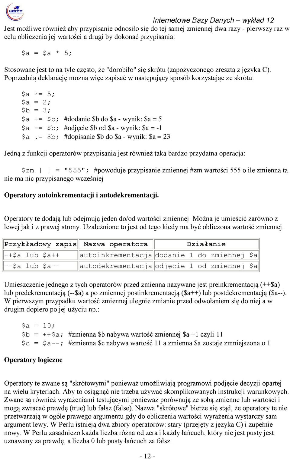 Poprzednią deklarację można więc zapisać w następujący sposób korzystając ze skrótu: $a *= 5; $a = 2; $b = 3; $a += $b; #dodanie $b do $a - wynik: $a = 5 $a -= $b; #odjęcie $b od $a - wynik: $a = -1