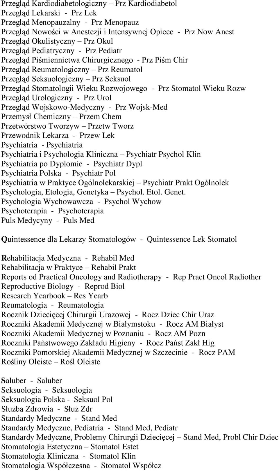 Stomatologii Wieku Rozwojowego - Prz Stomatol Wieku Rozw Przegląd Urologiczny - Prz Urol Przegląd Wojskowo-Medyczny - Prz Wojsk-Med Przemysł Chemiczny Przem Chem Przetwórstwo Tworzyw Przetw Tworz