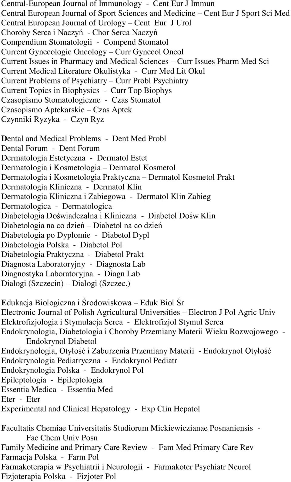 Current Medical Literature Okulistyka - Curr Med Lit Okul Current Problems of Psychiatry Curr Probl Psychiatry Current Topics in Biophysics - Curr Top Biophys Czasopismo Stomatologiczne - Czas