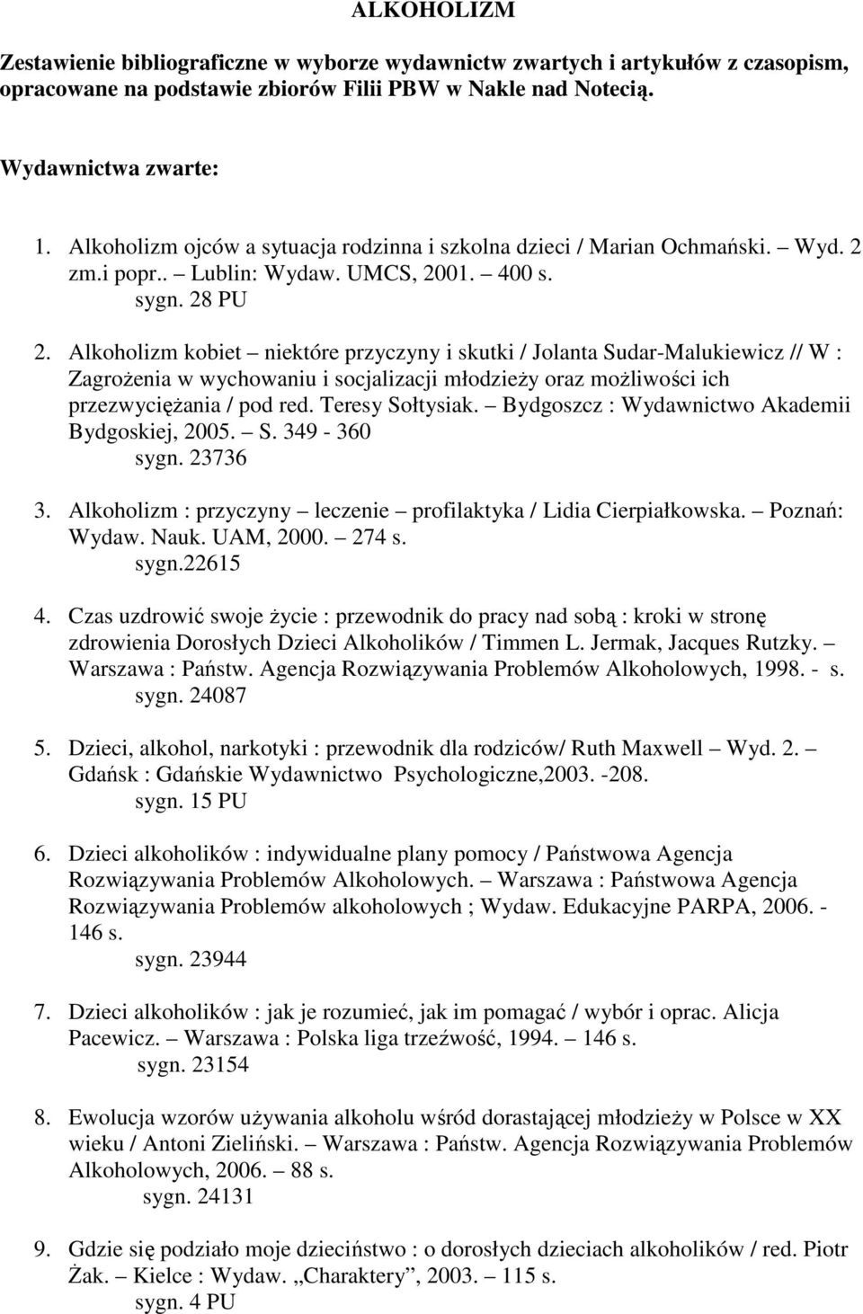 Alkoholizm kobiet niektóre przyczyny i skutki / Jolanta Sudar-Malukiewicz // W : ZagroŜenia w wychowaniu i socjalizacji młodzieŝy oraz moŝliwości ich Bydgoskiej, 2005. S. 349-360 3.