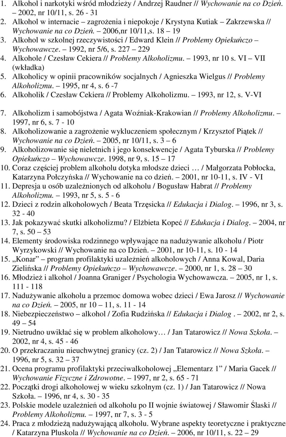 Alkohol w szkolnej rzeczywistości / Edward Klein // Problemy Opiekuńczo Wychowawcze. 1992, nr 5/6, s. 227 229 4. Alkohole / Czesław Cekiera // Problemy Alkoholizmu. 1993, nr 10 s. VI VII (wkładka) 5.