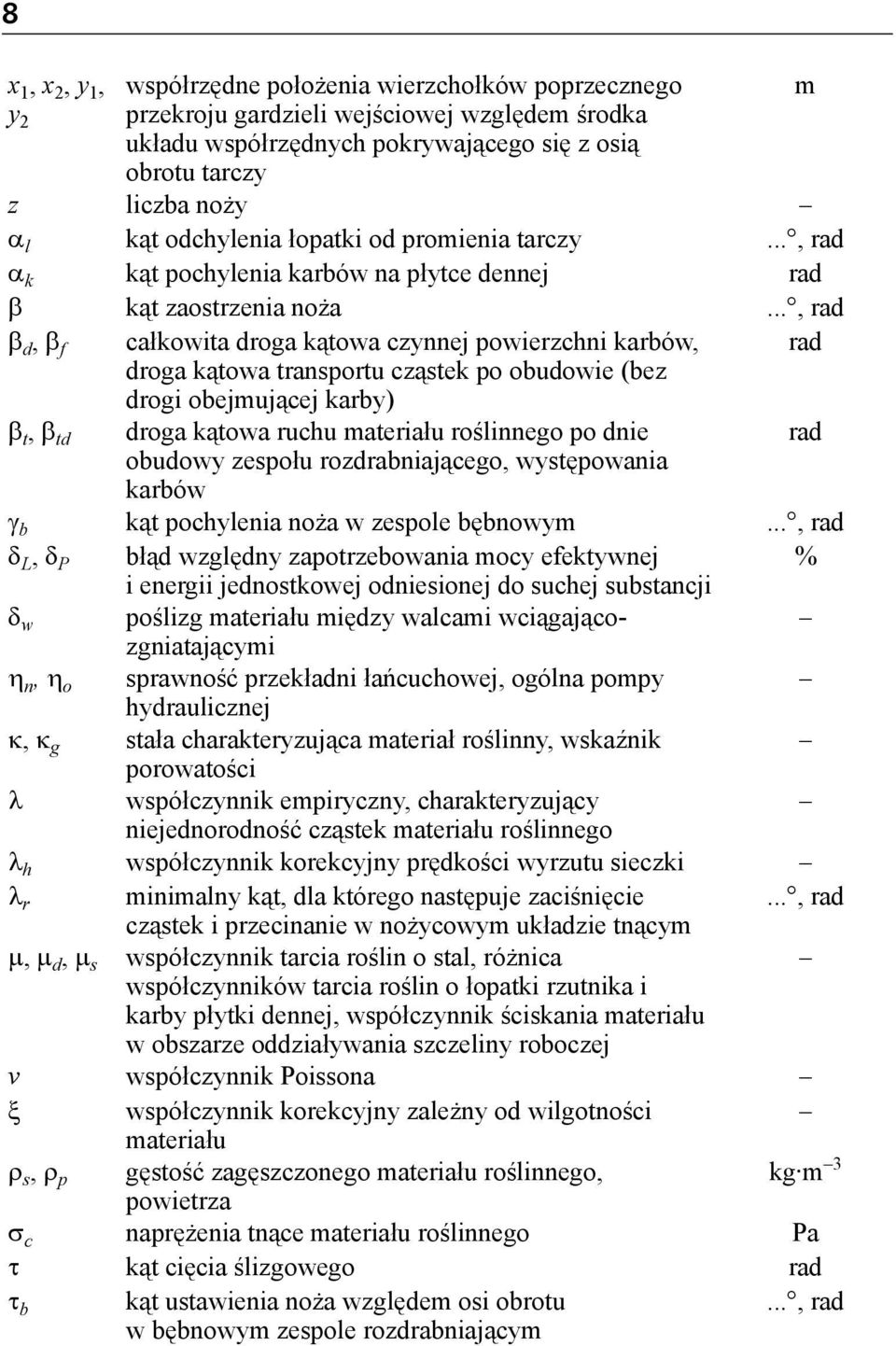 .., rad β d, β f całkowita droga kątowa czynnej powierzchni karbów, rad droga kątowa transportu cząstek po obudowie (bez drogi obejmującej karby) β t, β td droga kątowa ruchu materiału roślinnego po