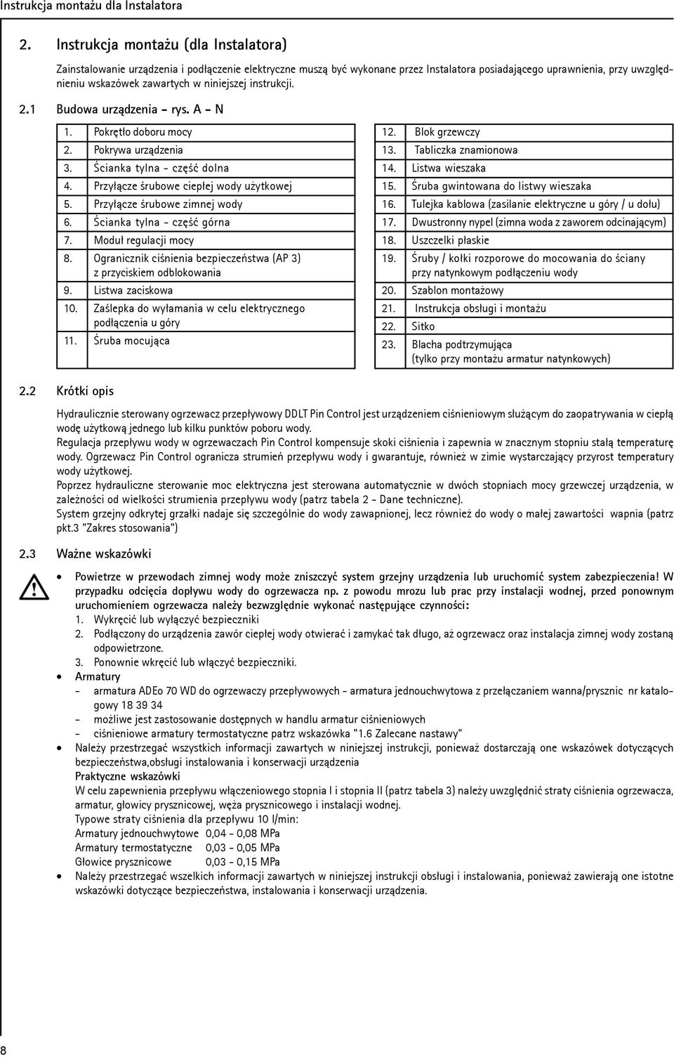 niniejszej instrukcji. 2.1 Budowa urz¹dzenia - rys. A - N 1. Pokrêt³o doboru mocy 2. Pokrywa urz¹dzenia 3. Œcianka tylna - czêœæ dolna 4. Przy³¹cze œrubowe ciep³ej wody u ytkowej 5.