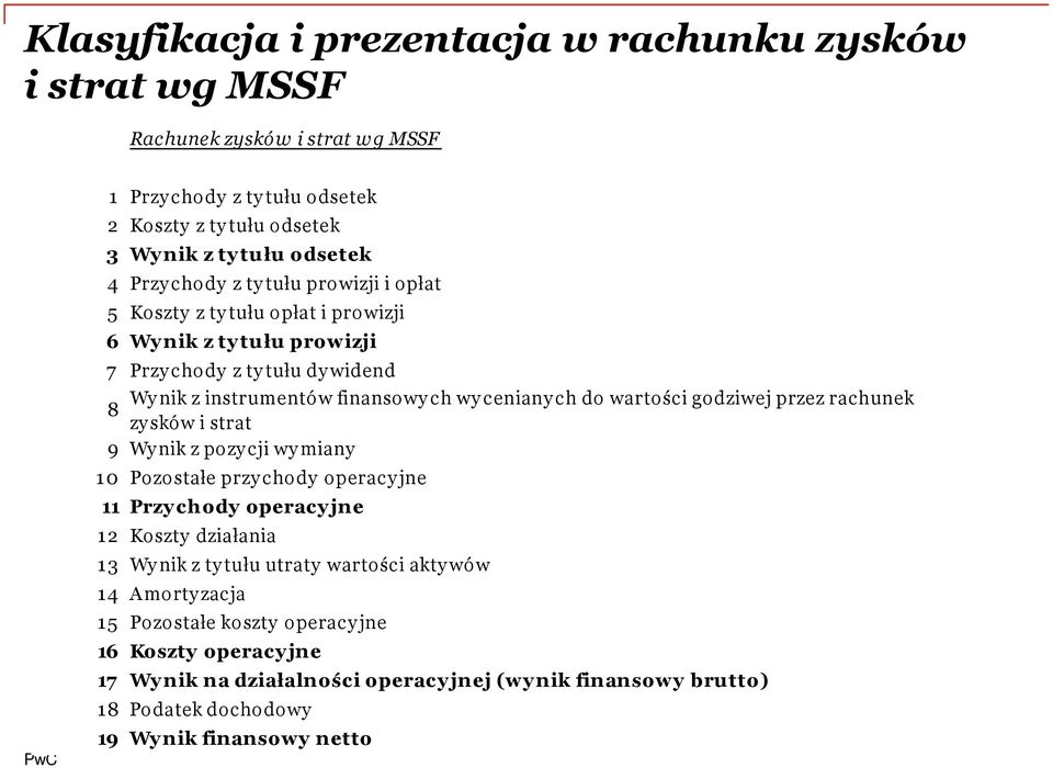 wartości godziwej przez rachunek 8 zy sków i strat 9 Wy nik z pozy cji wy miany 1 0 Pozostałe przy chody operacy jne 11 Przy chody operacy jne 1 2 Koszty działania 13 Wy nik z ty tułu
