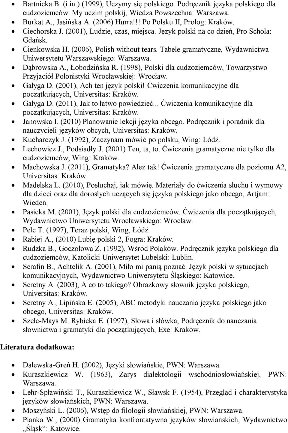 Tabele gramatyczne, Wydawnictwa Uniwersytetu Warszawskiego: Warszawa. Dąbrowska A., Łobodzińska R. (1998), Polski dla cudzoziemców, Towarzystwo Przyjaciół Polonistyki Wrocławskiej: Wrocław. Gałyga D.