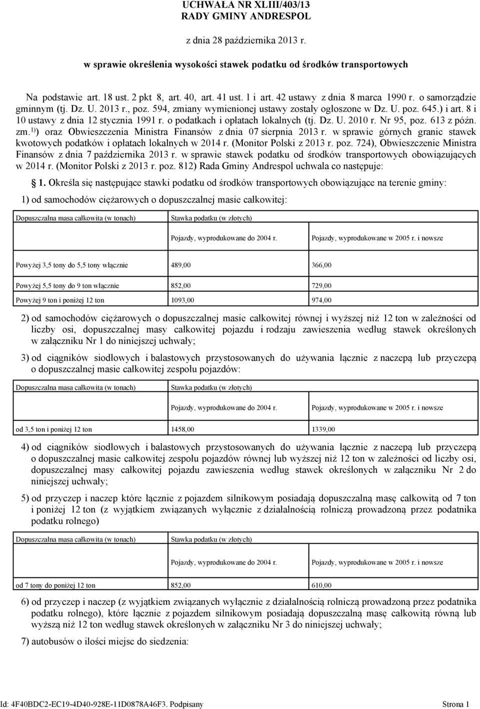 o podatkach i opłatach lokalnych (tj. Dz. U. 2010 r. Nr 95, poz. 613 z późn. zm. 1) ) oraz Obwieszczenia Ministra Finansów z dnia 07 sierpnia 2013 r.