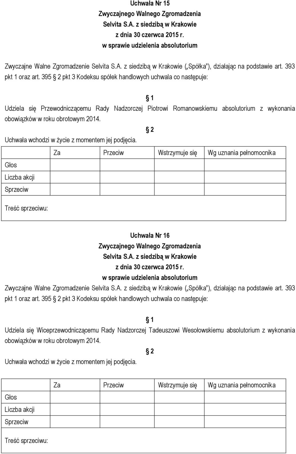 wykonania obowiązków w roku obrotowym 2014. Uchwała Nr 16 Zwyczajne Walne Zgromadzenie ( Spółka ), działając na podstawie art. 393 pkt 1 oraz art.