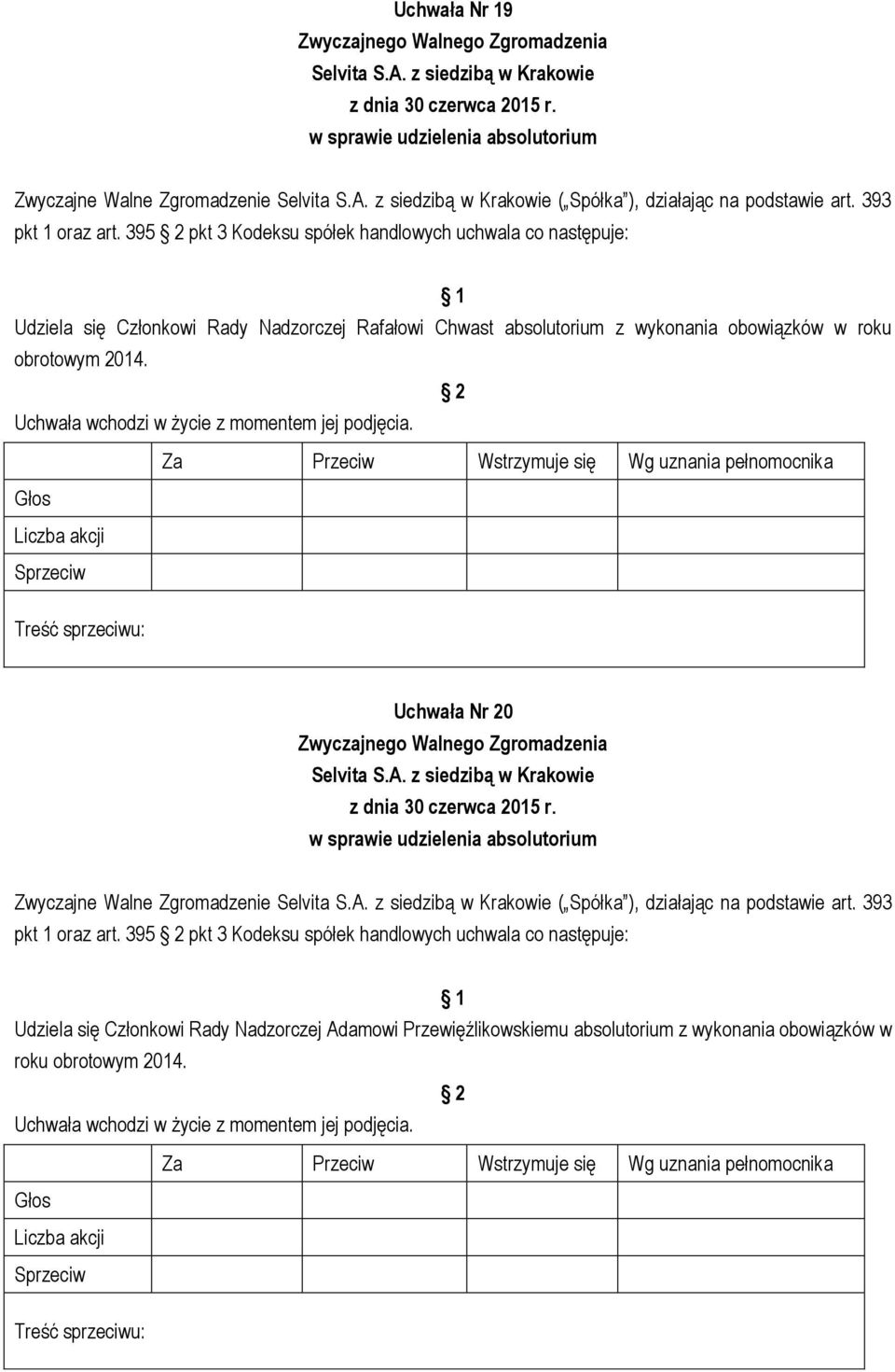 obowiązków w roku obrotowym 2014. Uchwała Nr 20 Zwyczajne Walne Zgromadzenie ( Spółka ), działając na podstawie art. 393 pkt 1 oraz art.