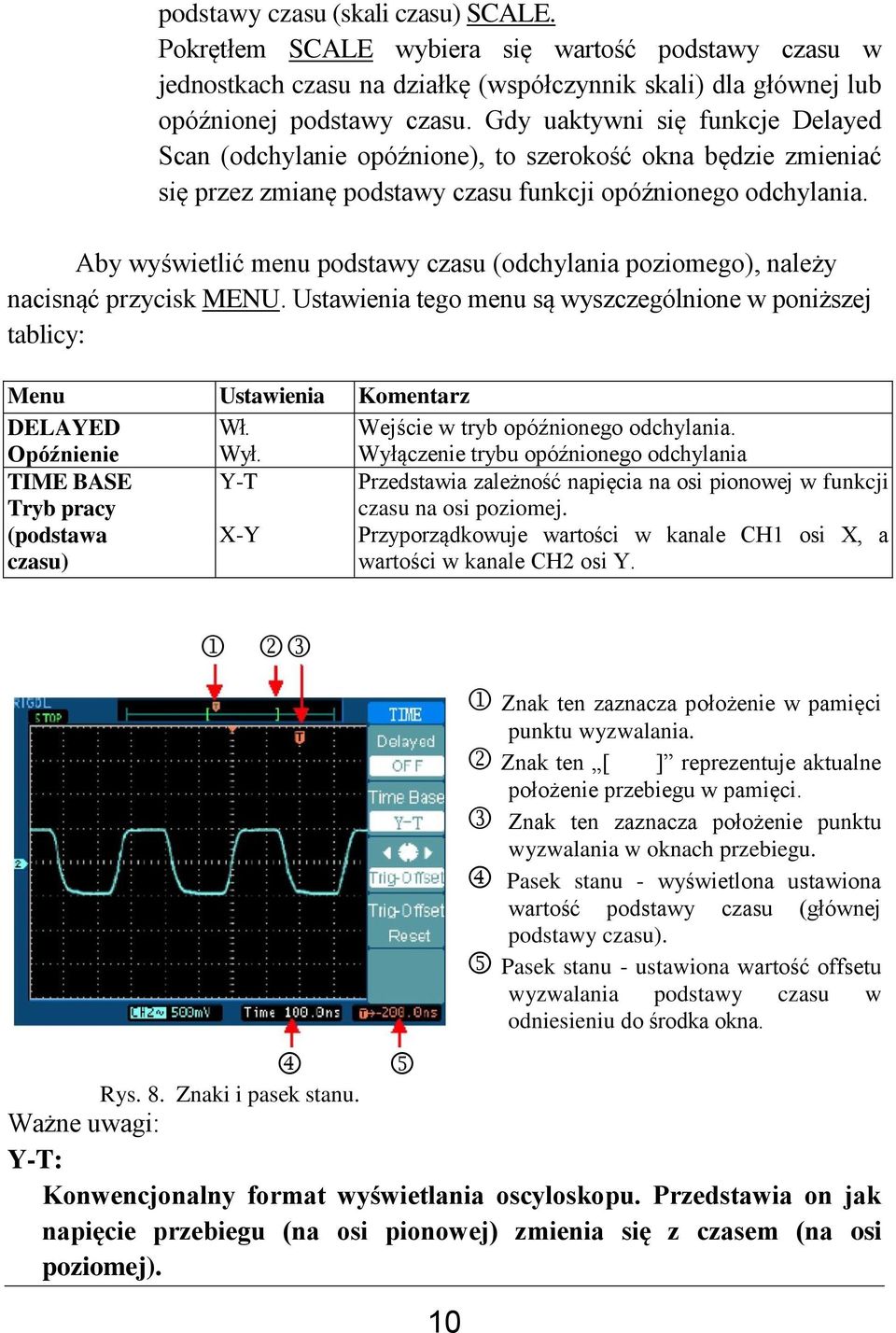 Aby wyświetlić menu podstawy czasu (odchylania poziomego), należy nacisnąć przycisk MENU. Ustawienia tego menu są wyszczególnione w poniższej tablicy: Menu Ustawienia Komentarz DELAYED Opóźnienie Wł.