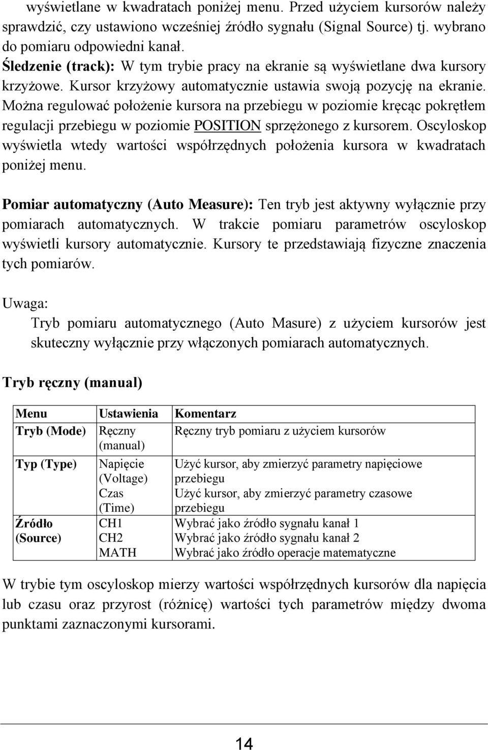 Można regulować położenie kursora na przebiegu w poziomie kręcąc pokrętłem regulacji przebiegu w poziomie POSITION sprzężonego z kursorem.