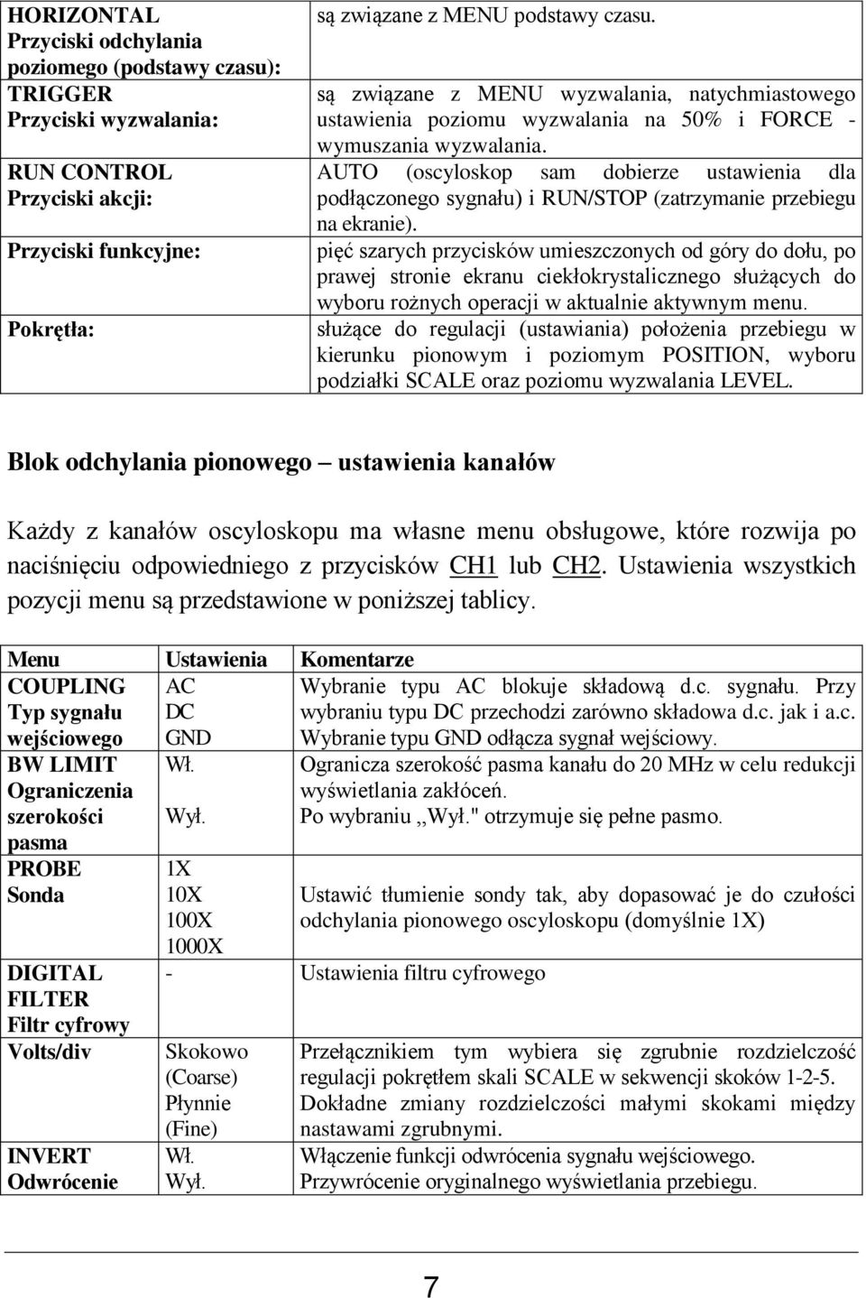 AUTO (oscyloskop sam dobierze ustawienia dla podłączonego sygnału) i RUN/STOP (zatrzymanie przebiegu na ekranie).