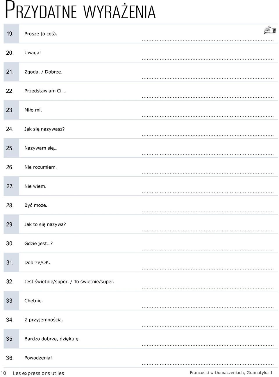 Gdzie jest? 31. Dobrze/OK. 32. Jest świetnie/super. / To świetnie/super. 33. Chętnie. 34. Z przyjemnością.