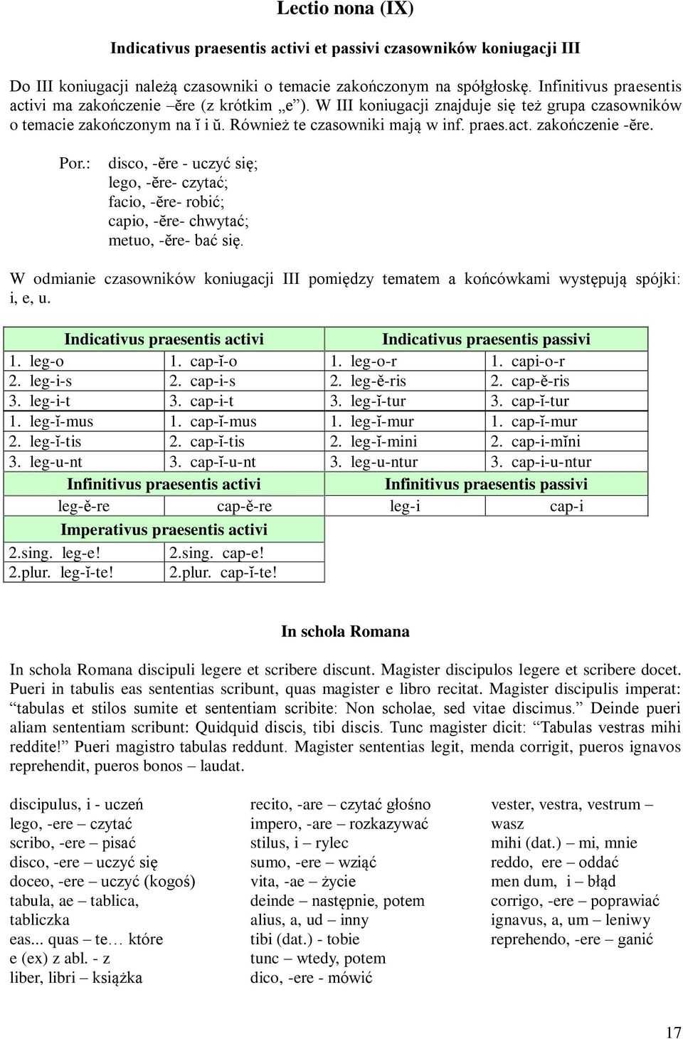 Por.: disco, -ĕre - uczyć się; lego, -ĕre- czytać; facio, -ĕre- robić; capio, -ĕre- chwytać; metuo, -ĕre- bać się.