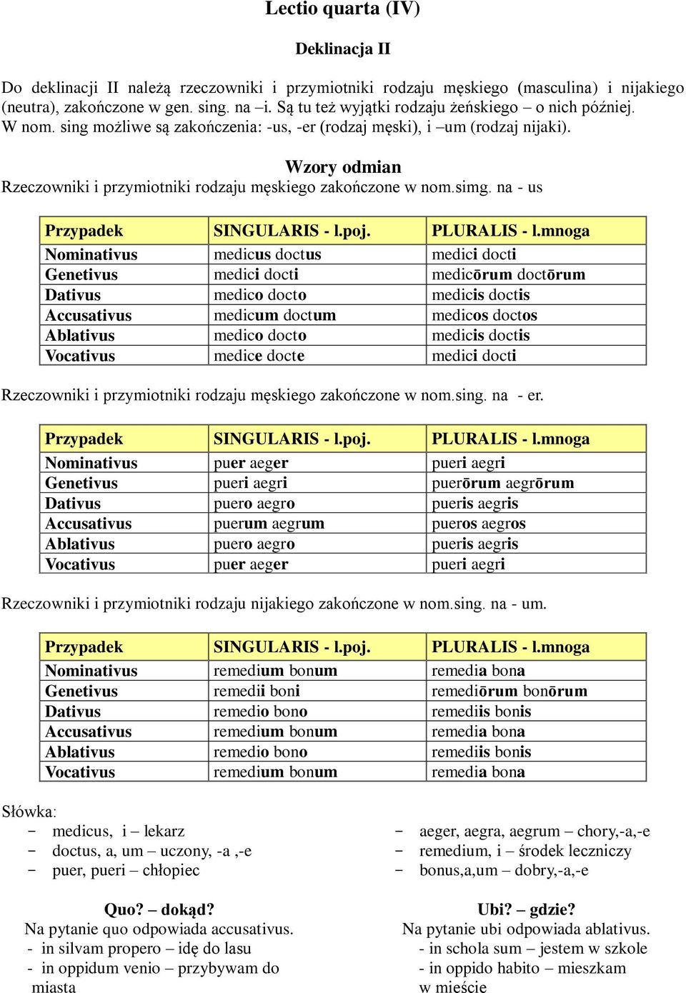 Wzory odmian Rzeczowniki i przymiotniki rodzaju męskiego zakończone w nom.simg. na - us Przypadek SINGULARIS - l.poj. PLURALIS - l.
