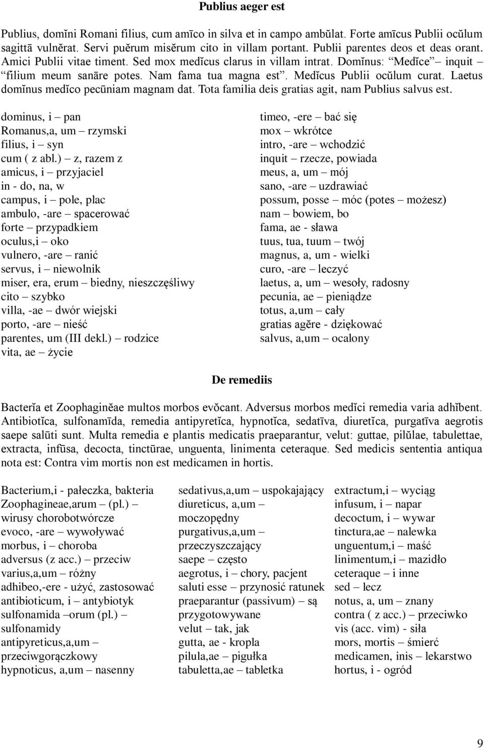 Medĭcus Publii ocŭlum curat. Laetus domĭnus medĭco pecūniam magnam dat. Tota familia deis gratias agit, nam Publius salvus est. dominus, i pan Romanus,a, um rzymski filius, i syn cum ( z abl.