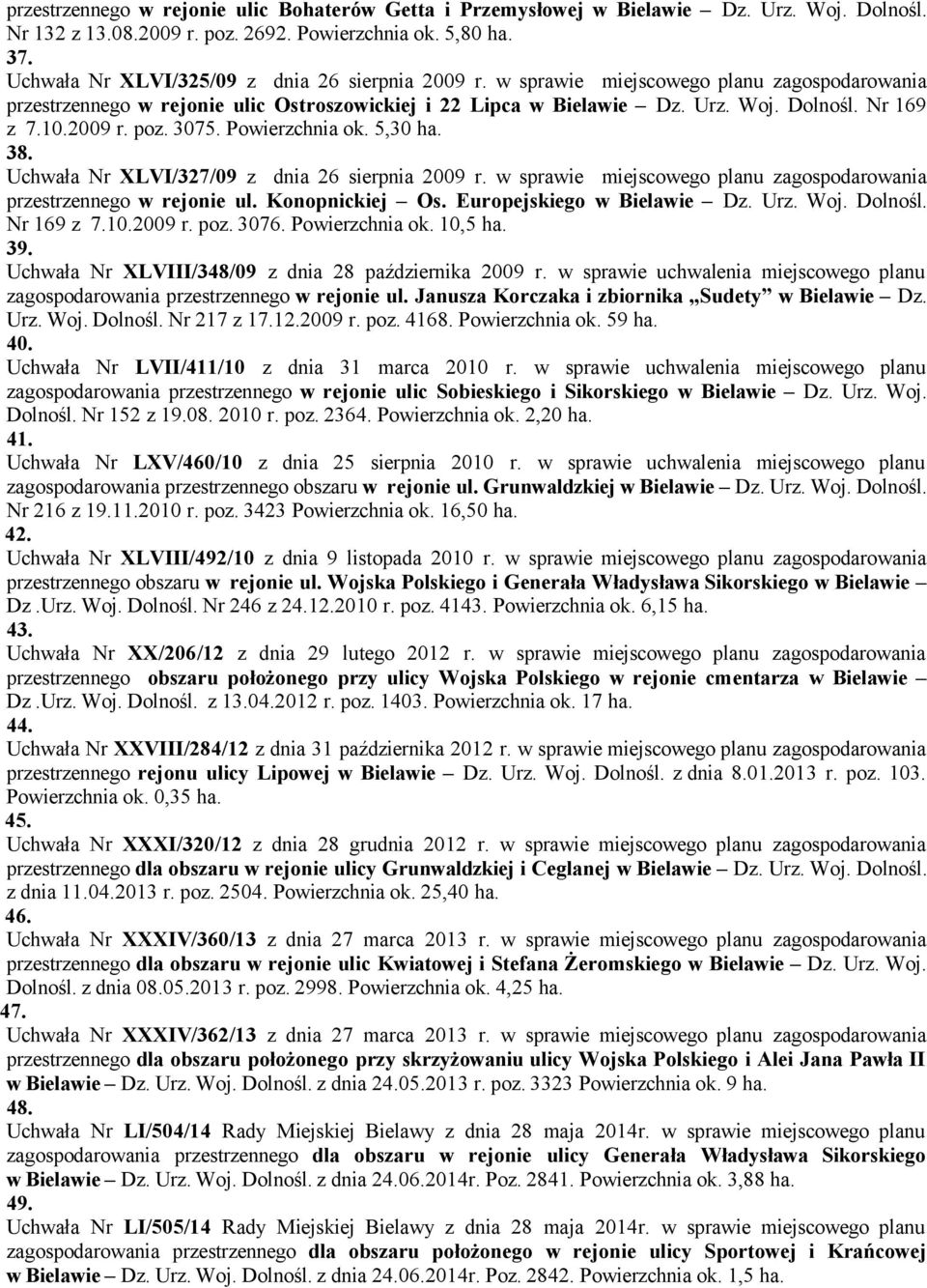 2009 r. poz. 3075. Powierzchnia ok. 5,30 ha. 38. Uchwała Nr XLVI/327/09 z dnia 26 sierpnia 2009 r. w sprawie miejscowego planu zagospodarowania przestrzennego w rejonie ul. Konopnickiej Os.