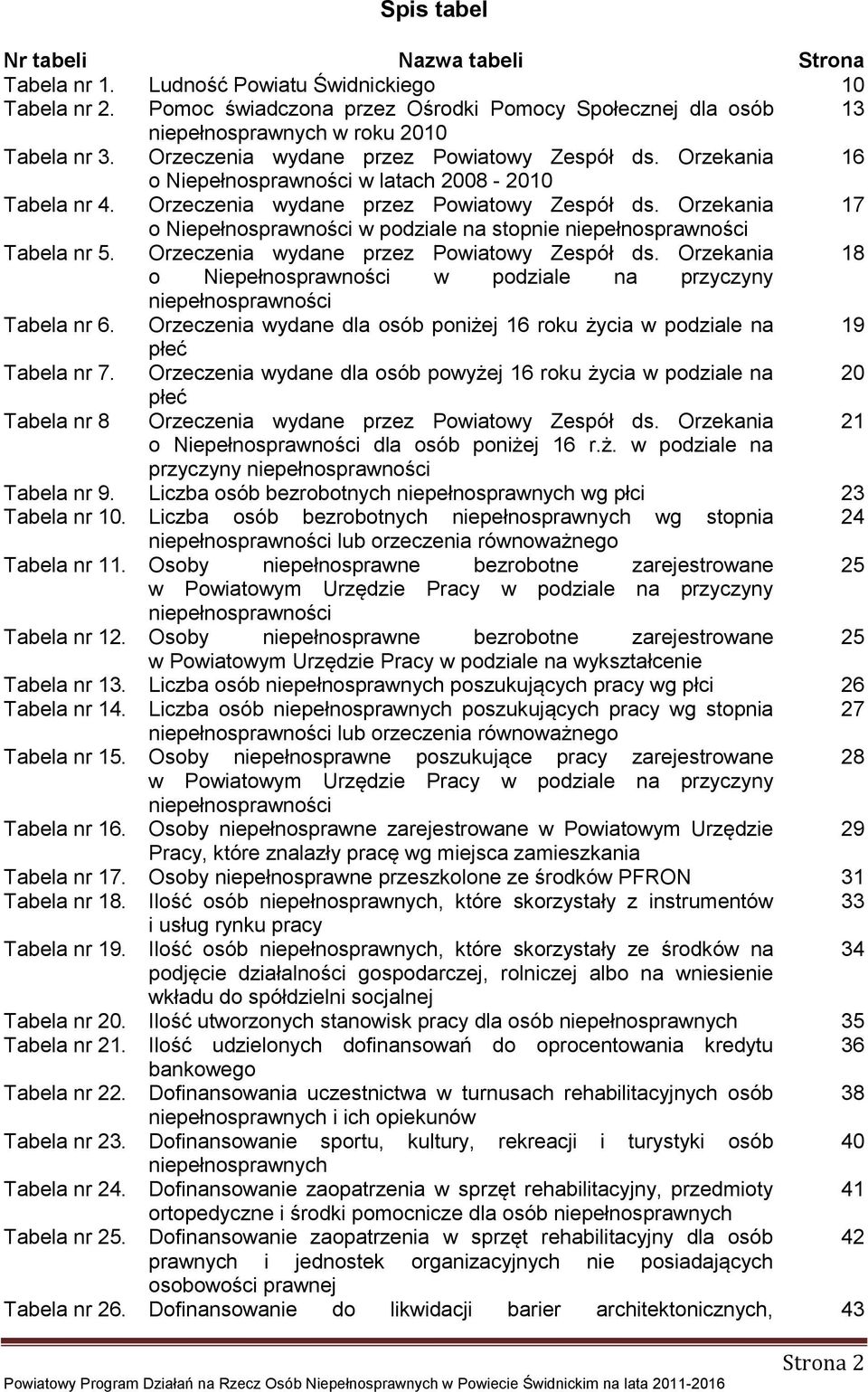 Orzekania 16 o Niepełnosprawności w latach 2008-2010 Tabela nr 4. Orzeczenia wydane przez Powiatowy Zespół ds. Orzekania 17 o Niepełnosprawności w podziale na stopnie niepełnosprawności Tabela nr 5.