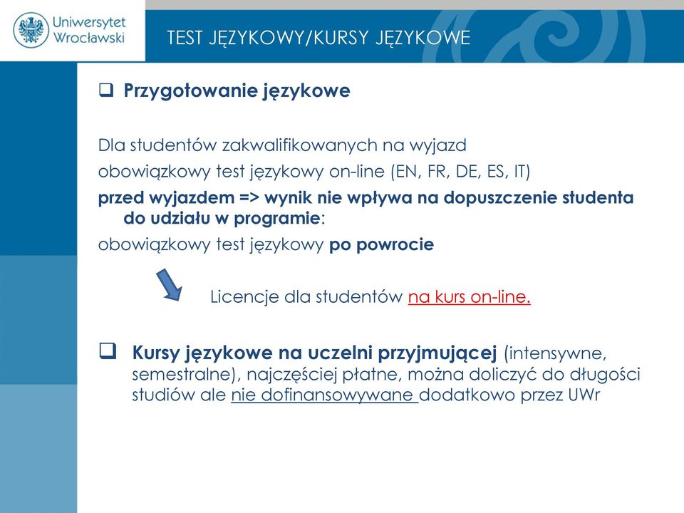 programie: obowiązkowy test językowy po powrocie Licencje dla studentów na kurs on-line.