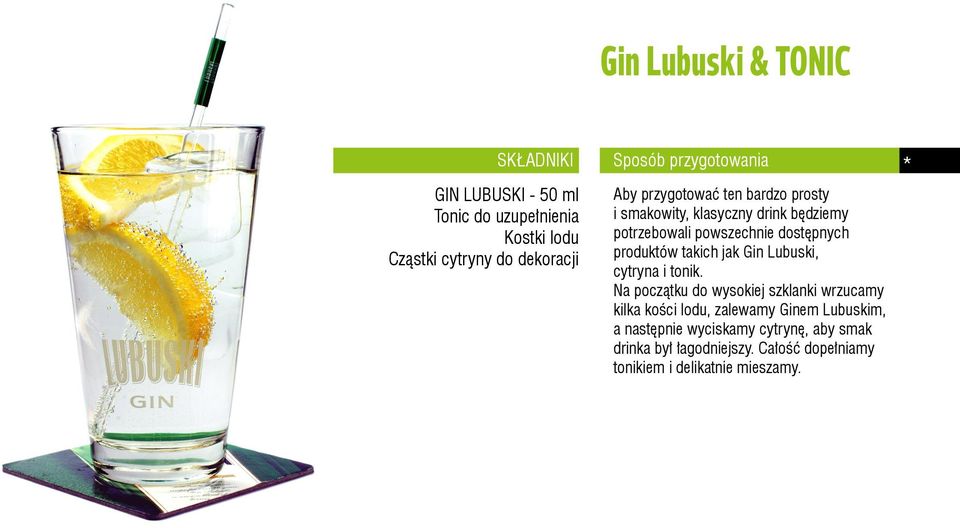 produktów takich jak Gin Lubuski, cytryna i tonik.