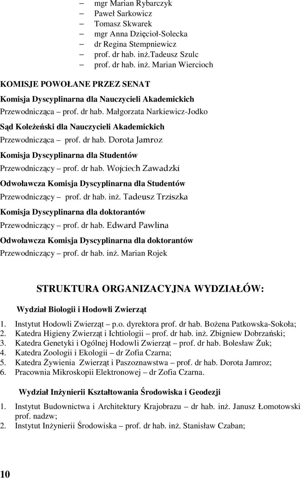 dr hab. Dorota Jamroz Komisja Dyscyplinarna dla Studentów Przewodniczący prof. dr hab. Wojciech Zawadzki Odwoławcza Komisja Dyscyplinarna dla Studentów Przewodniczący prof. dr hab. inż.